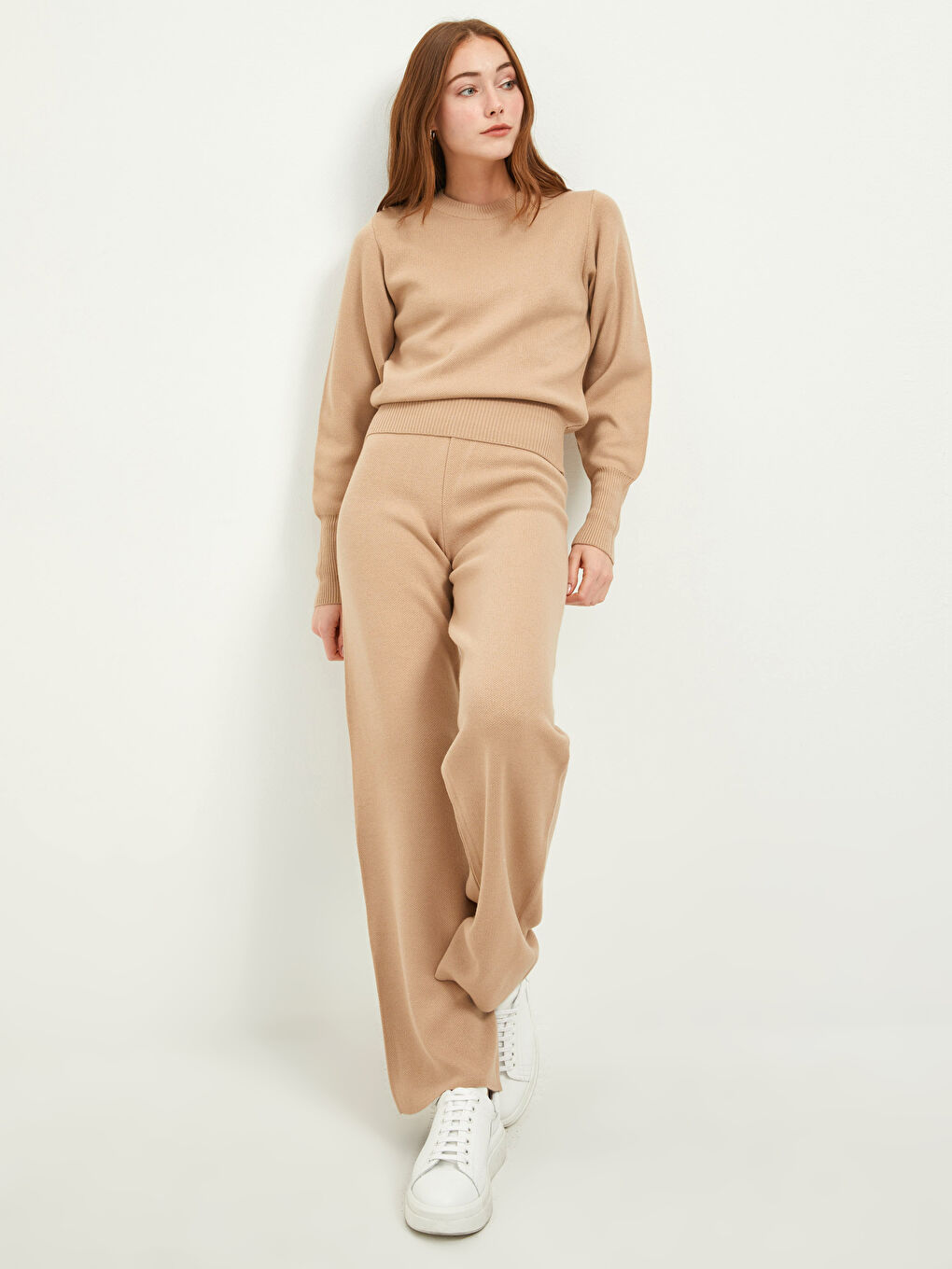 Women's Elasticated Waist Plain Knitwear Trousers-1