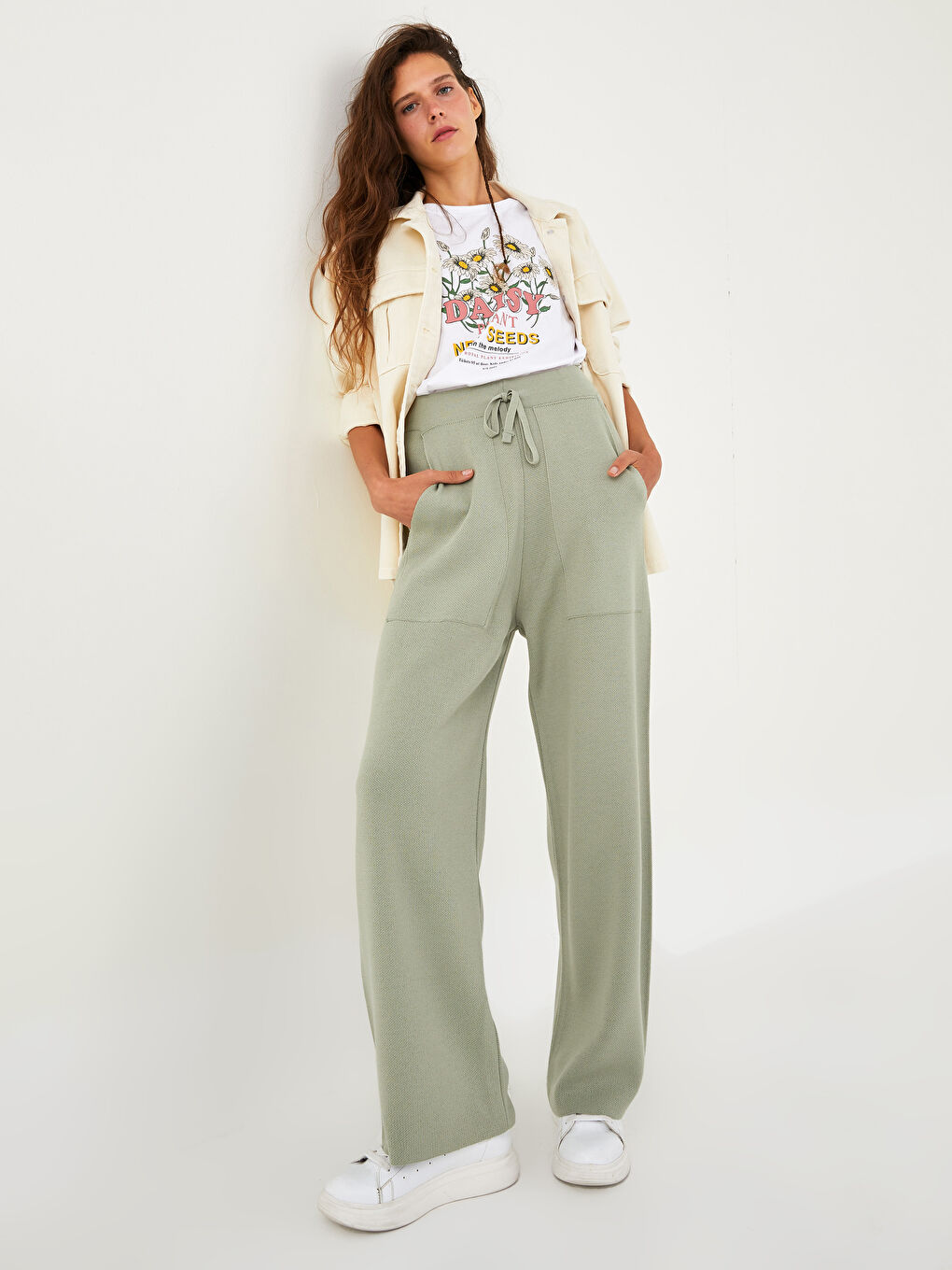 Elastic Waist Straight Pocket Detailed Women's Knitwear Trousers