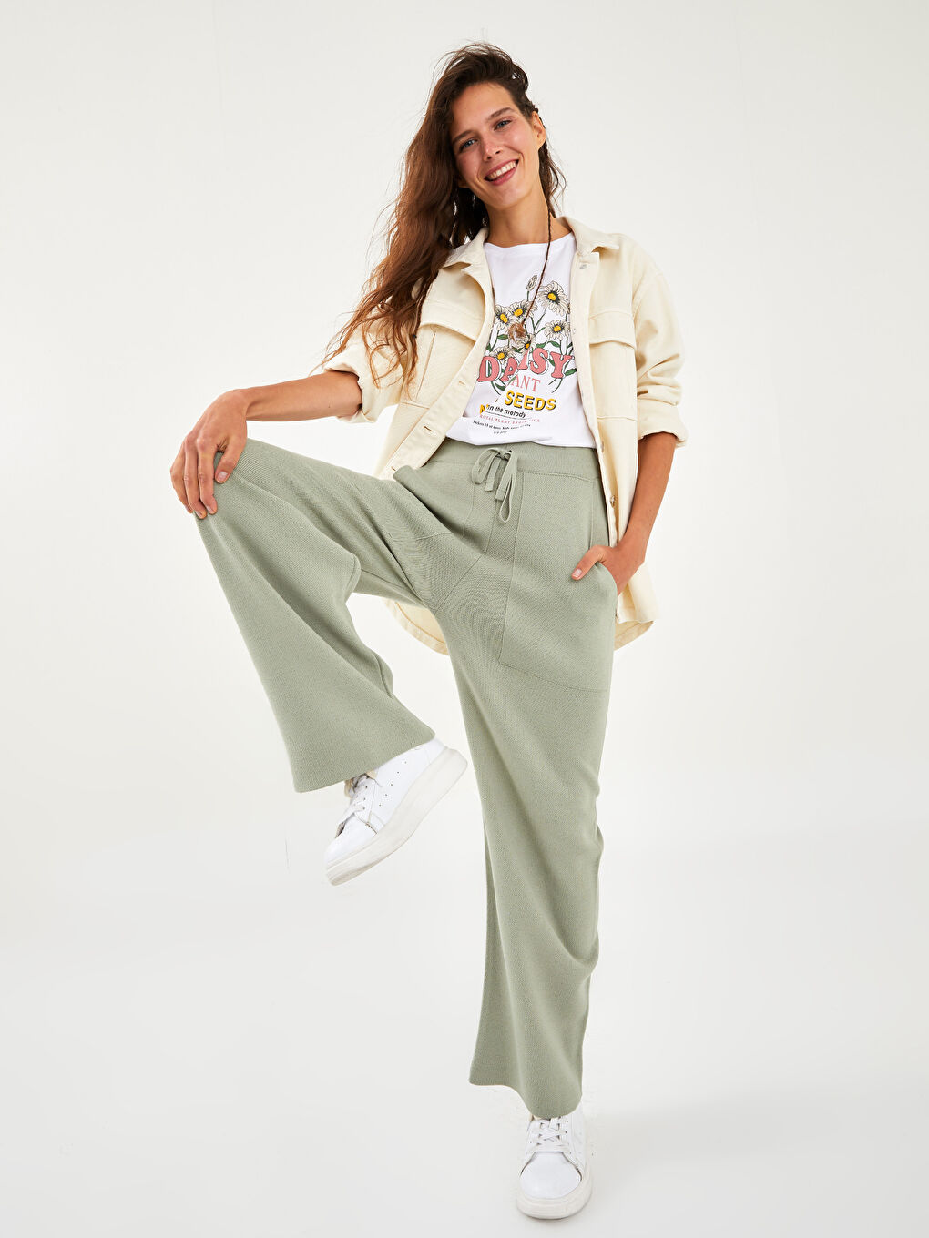 Elastic Waist Straight Pocket Detailed Women's Knitwear Trousers-1