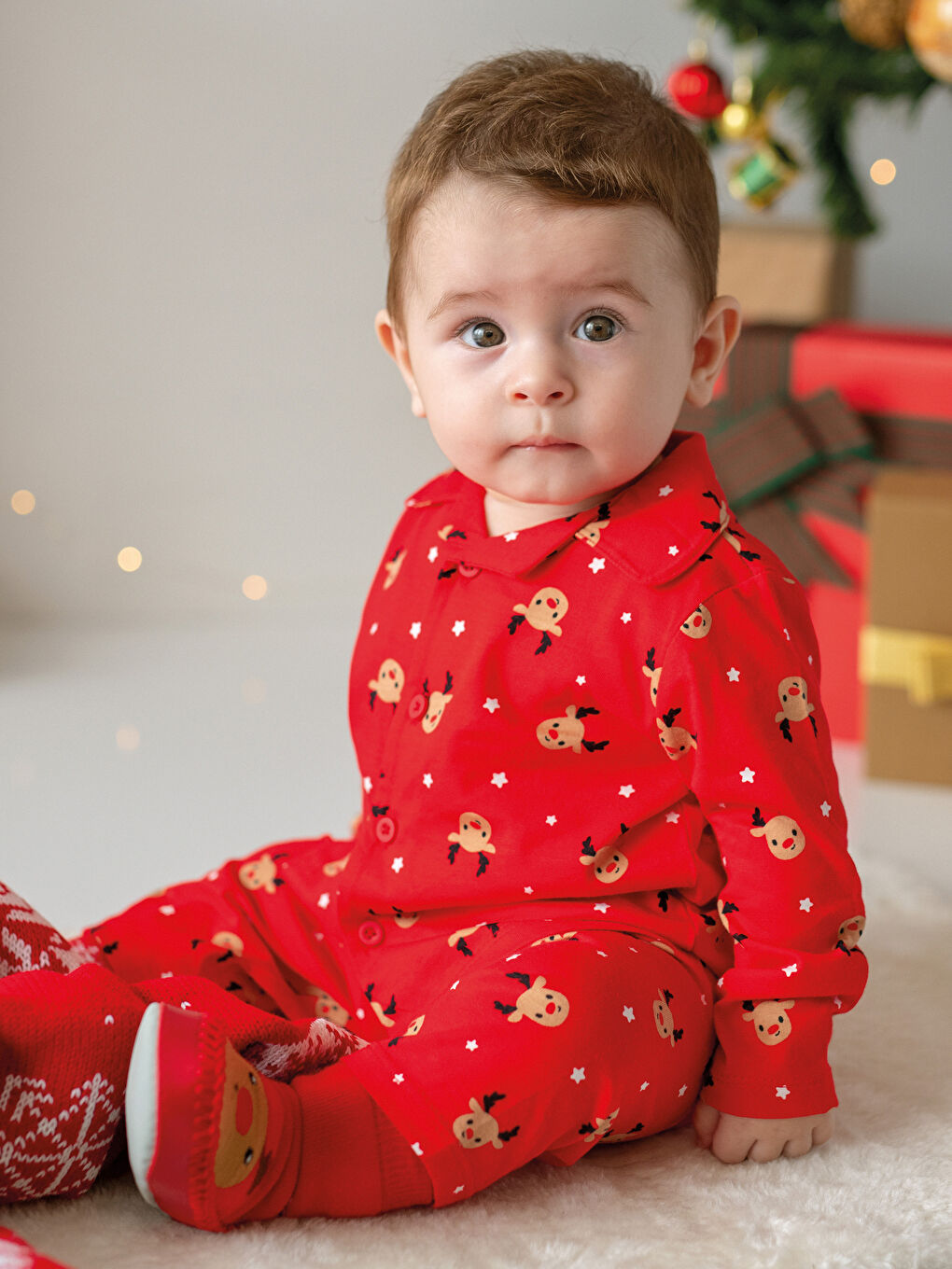 Ensemble de pyjama en coton à thème de Noël à manches longues avec col polo pour garçon bébé-1