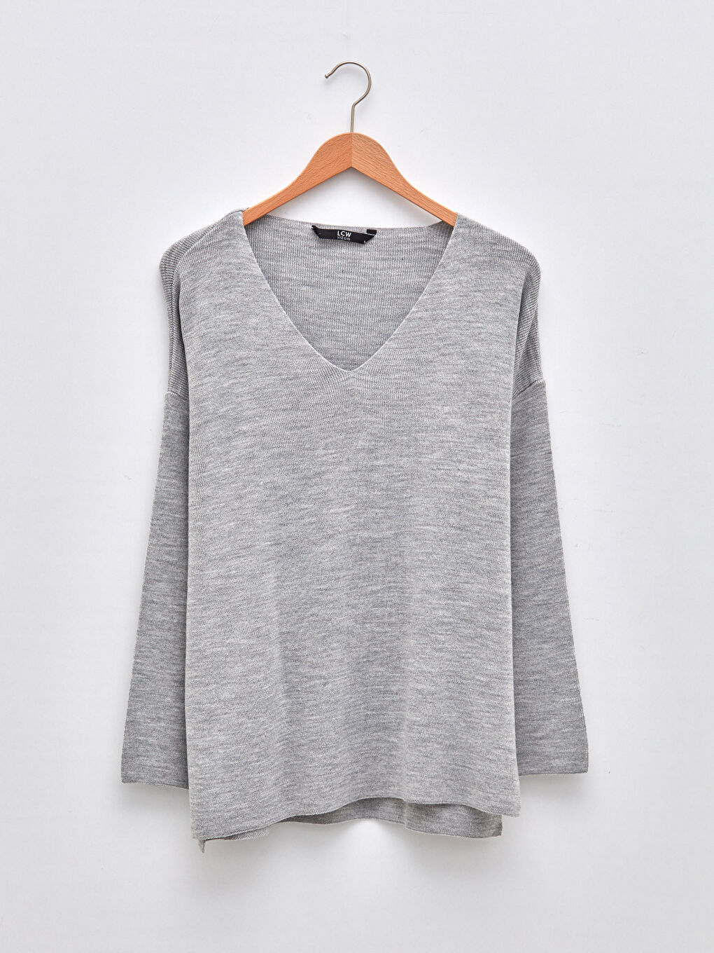 Gri V Yaka Düz Uzun Kollu Kadın Triko Kazak-5