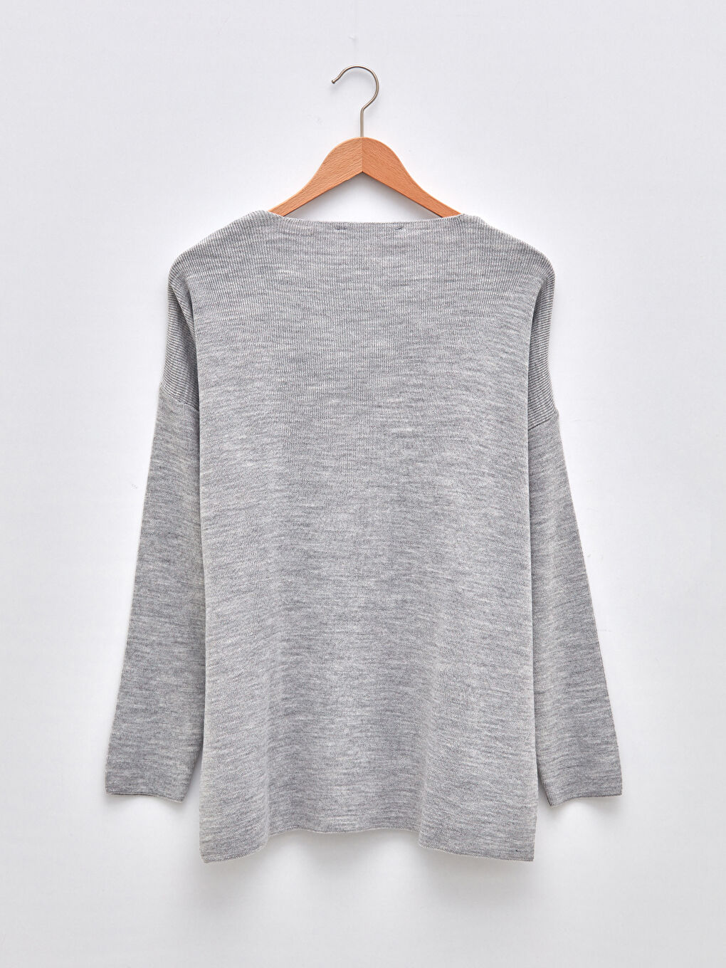 Gri V Yaka Düz Uzun Kollu Kadın Triko Kazak-6