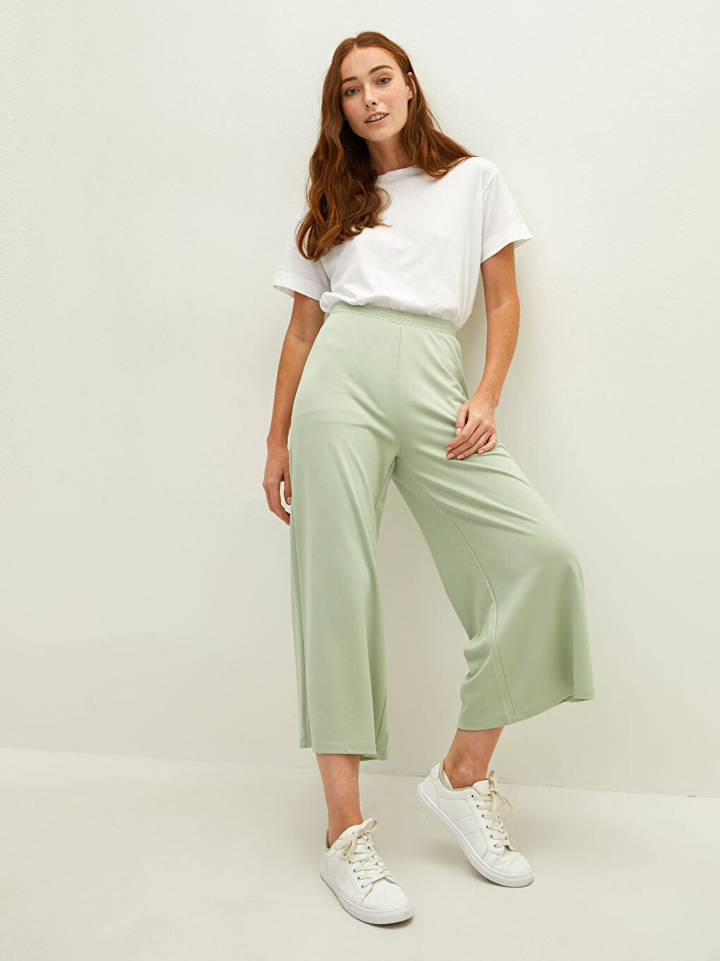 Yeşil Kadın Beli Lastikli Düz Kapri-2