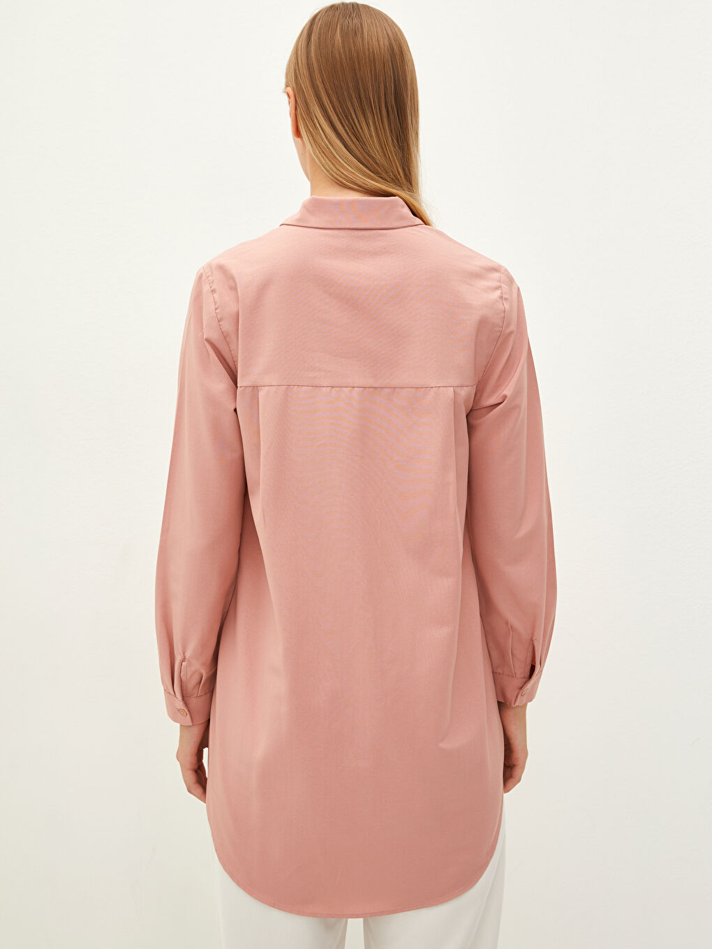 Pembe Düz Poplin Kadın Gömlek Tunik-3