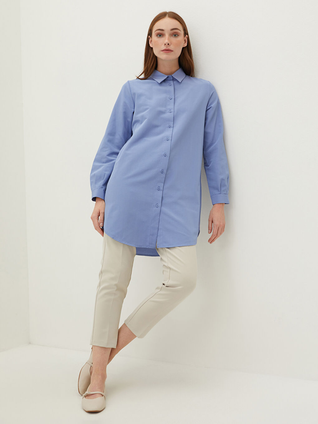 Mavi Düz Poplin Kadın Gömlek Tunik