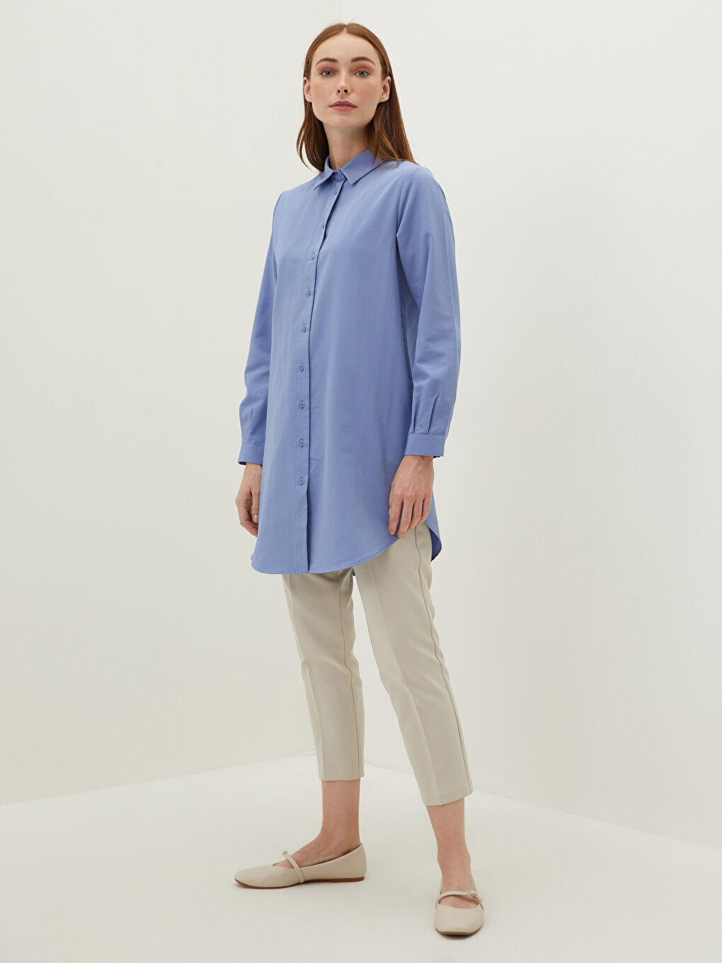 Mavi Düz Poplin Kadın Gömlek Tunik-1