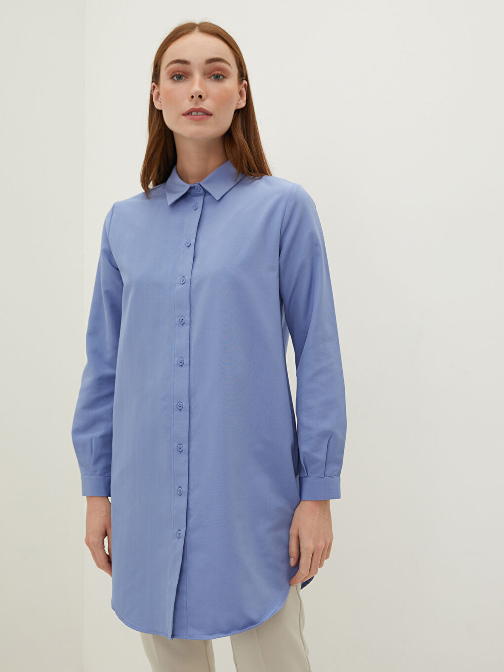 Mavi Düz Poplin Kadın Gömlek Tunik-2