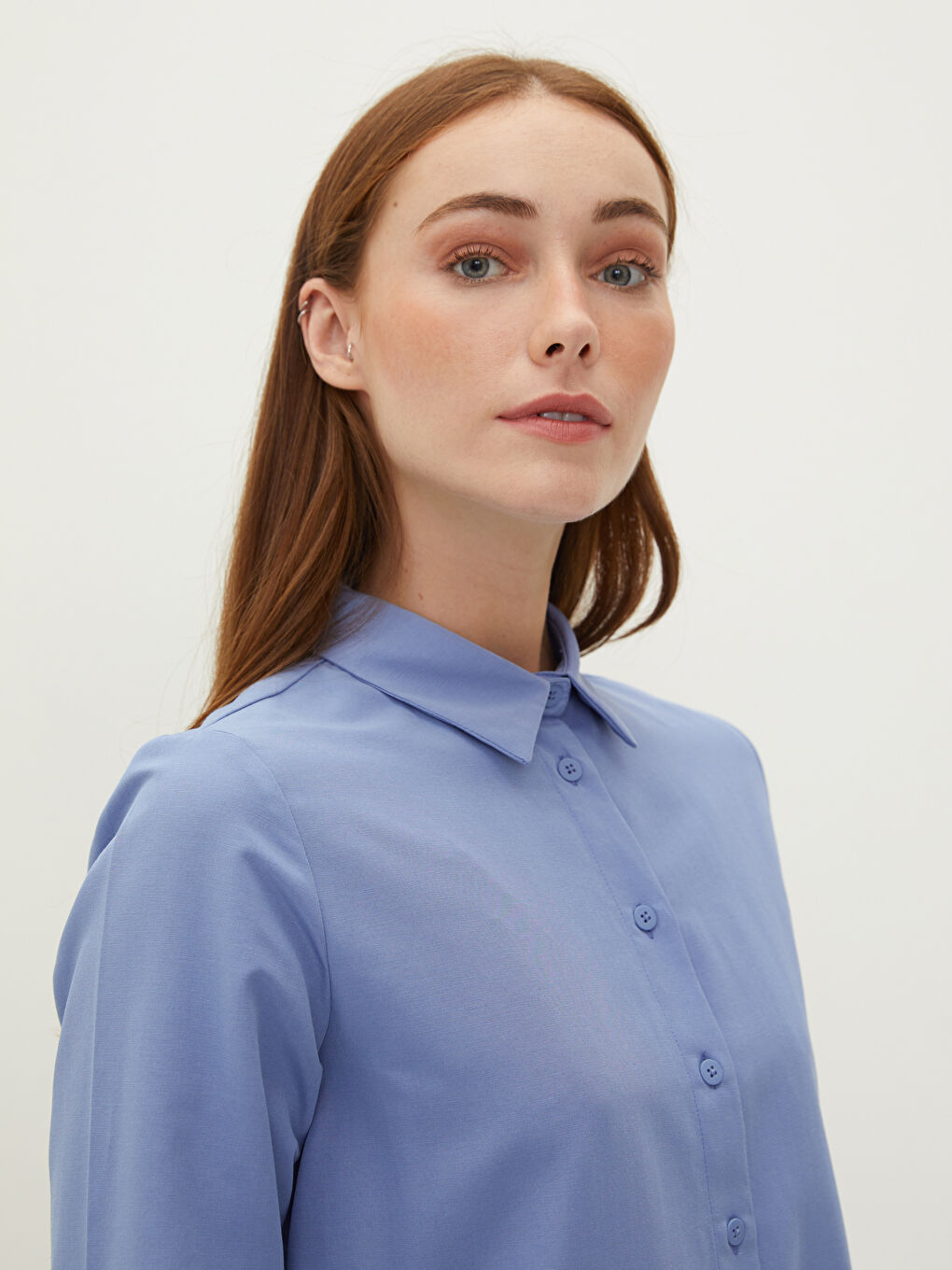 Mavi Düz Poplin Kadın Gömlek Tunik-3