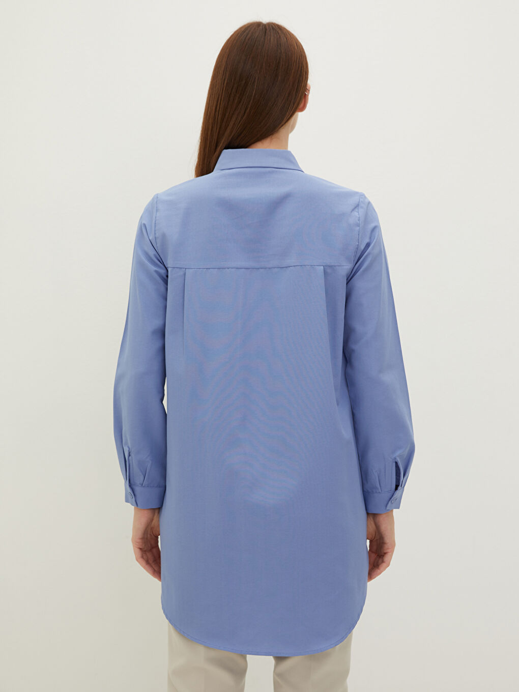 Mavi Düz Poplin Kadın Gömlek Tunik-4