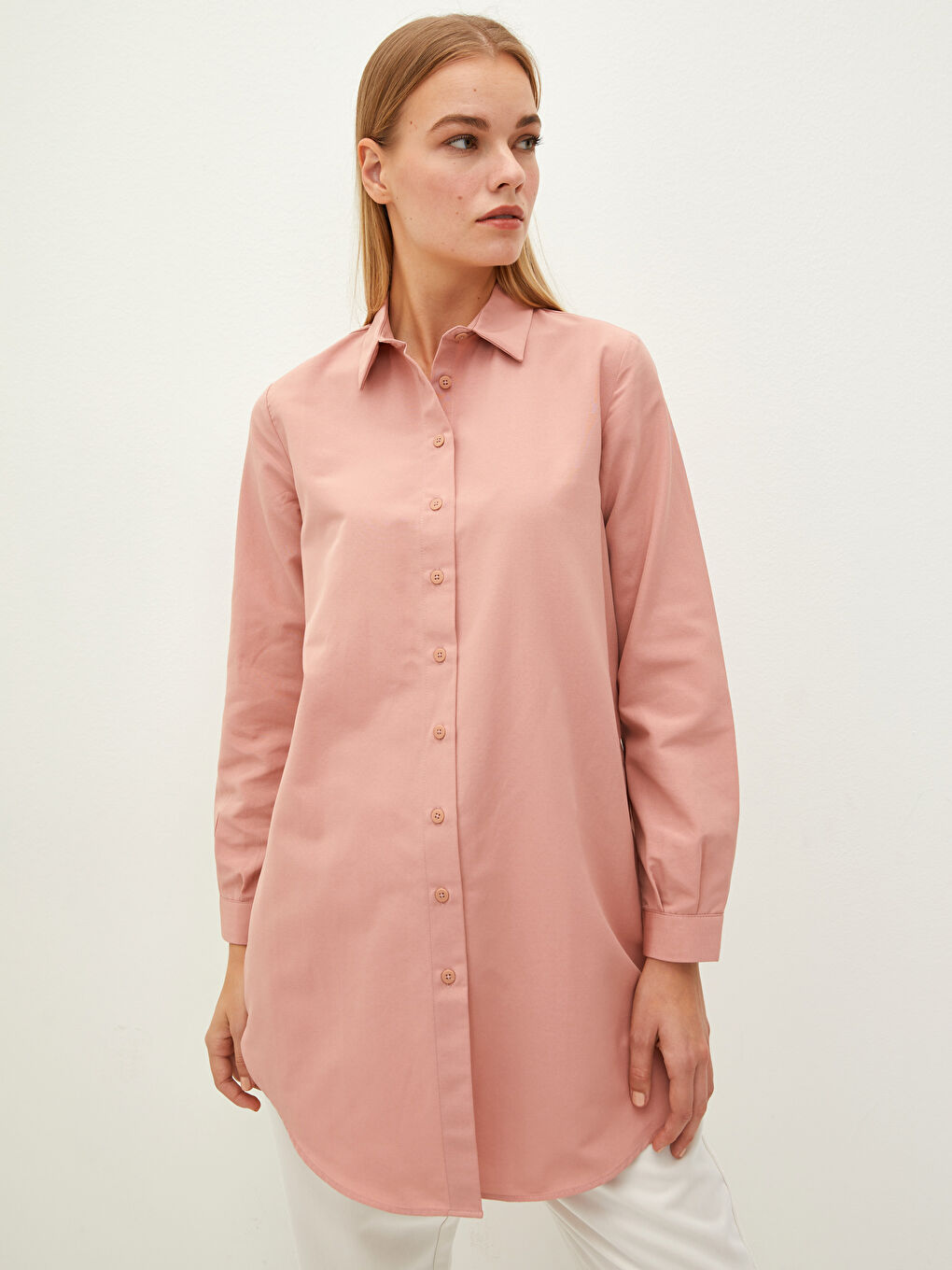 Pembe Düz Poplin Kadın Gömlek Tunik