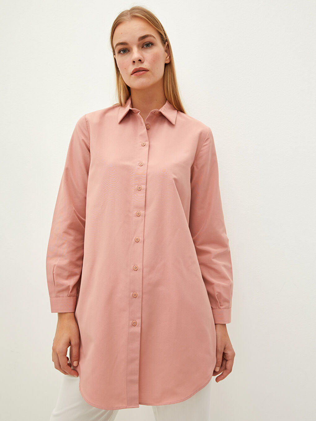 Pembe Düz Poplin Kadın Gömlek Tunik-1