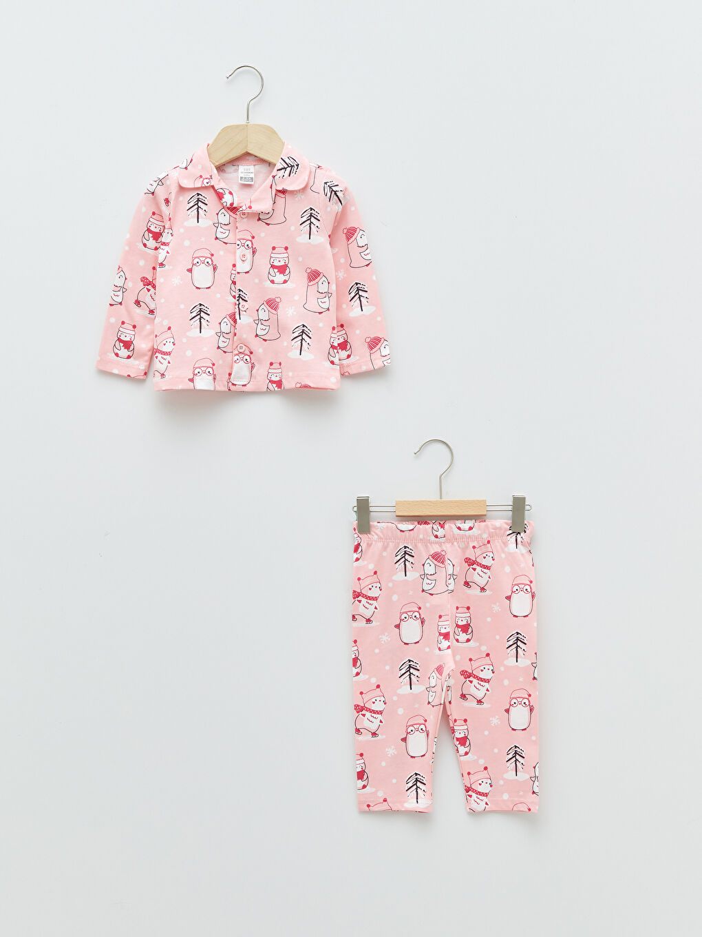 Pembe Polo Yaka Uzun Kollu Baskılı Kız Bebek Pamuklu Pijama Takımı