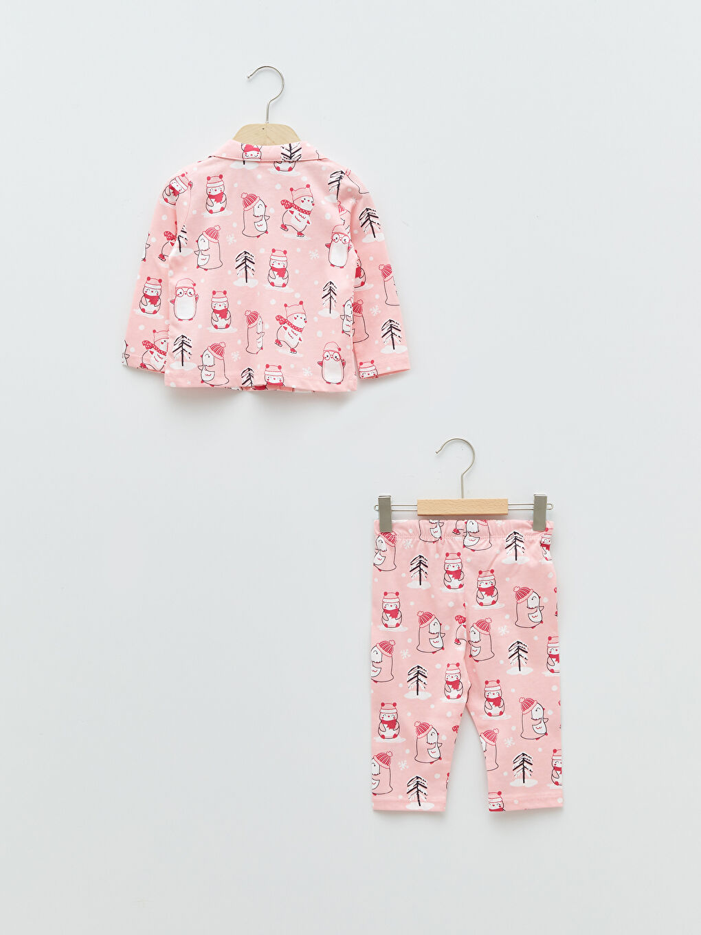 Pembe Polo Yaka Uzun Kollu Baskılı Kız Bebek Pamuklu Pijama Takımı-1