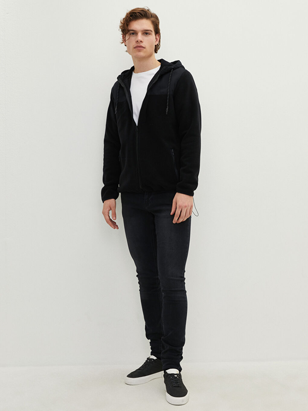 Siyah Kapüşonlu Uzun Kollu Renk Bloklu Erkek Spor Hırka-2