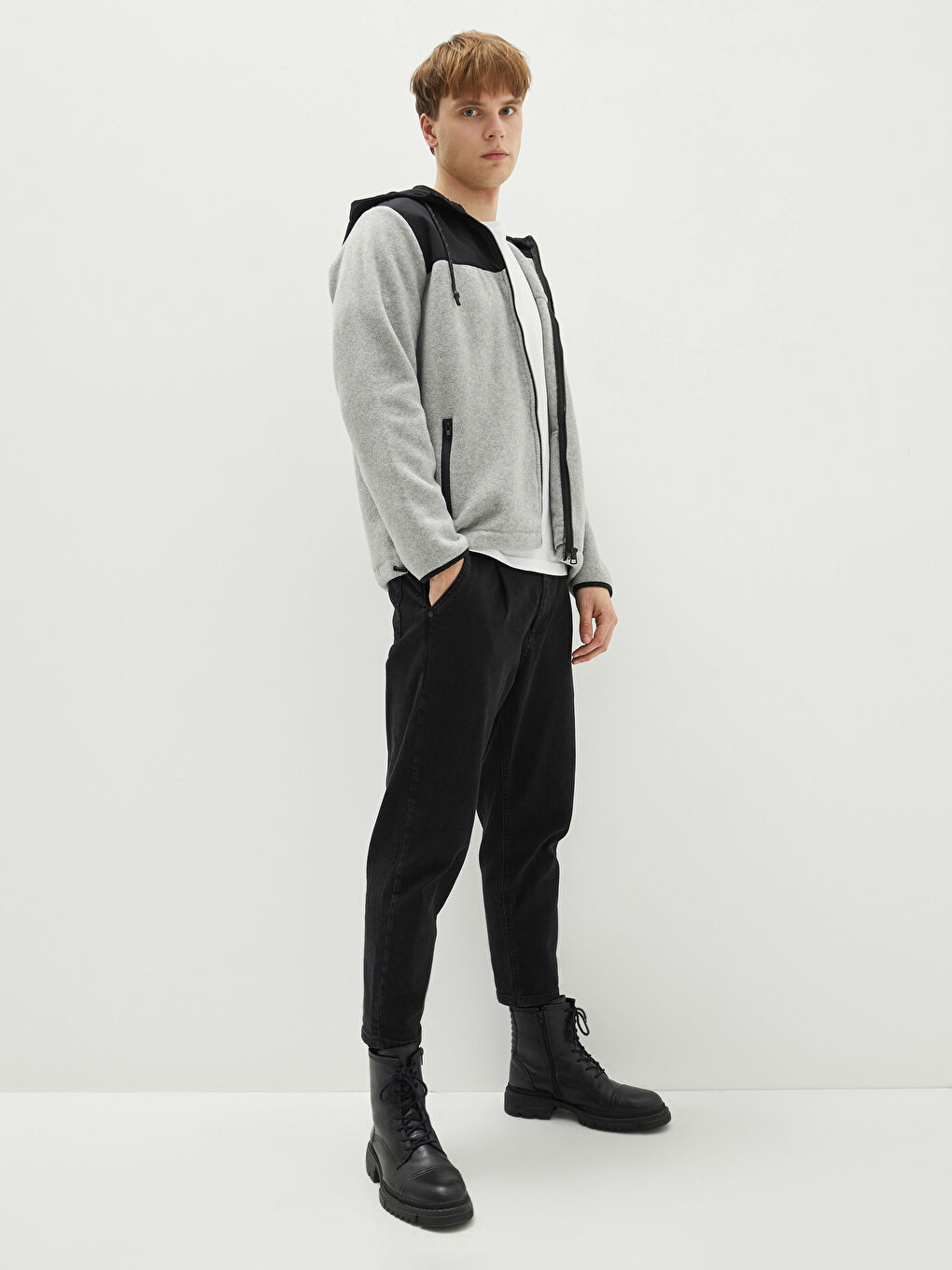 Gri Kapüşonlu Uzun Kollu Renk Bloklu Erkek Spor Hırka-2