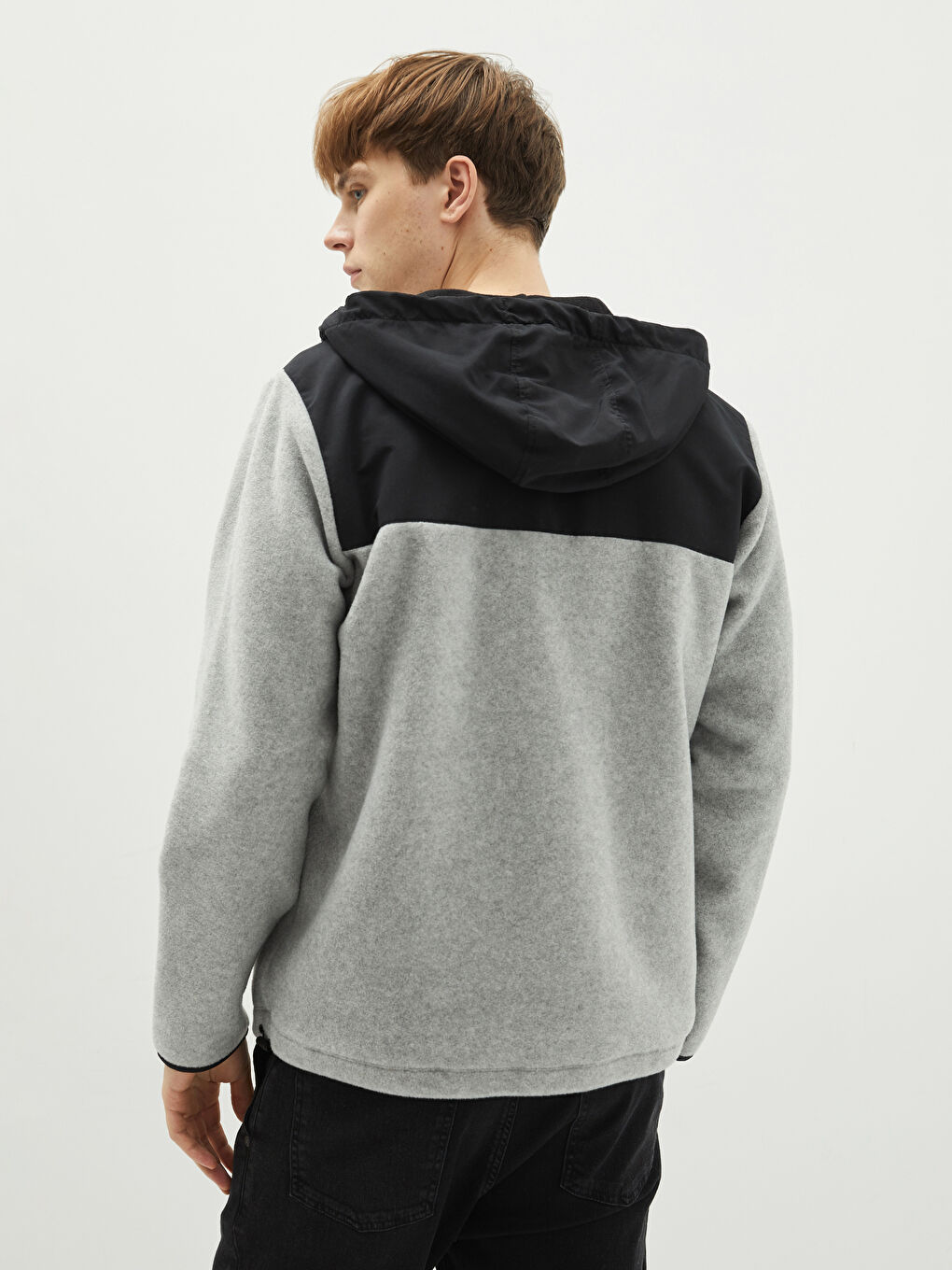 Gri Kapüşonlu Uzun Kollu Renk Bloklu Erkek Spor Hırka-4