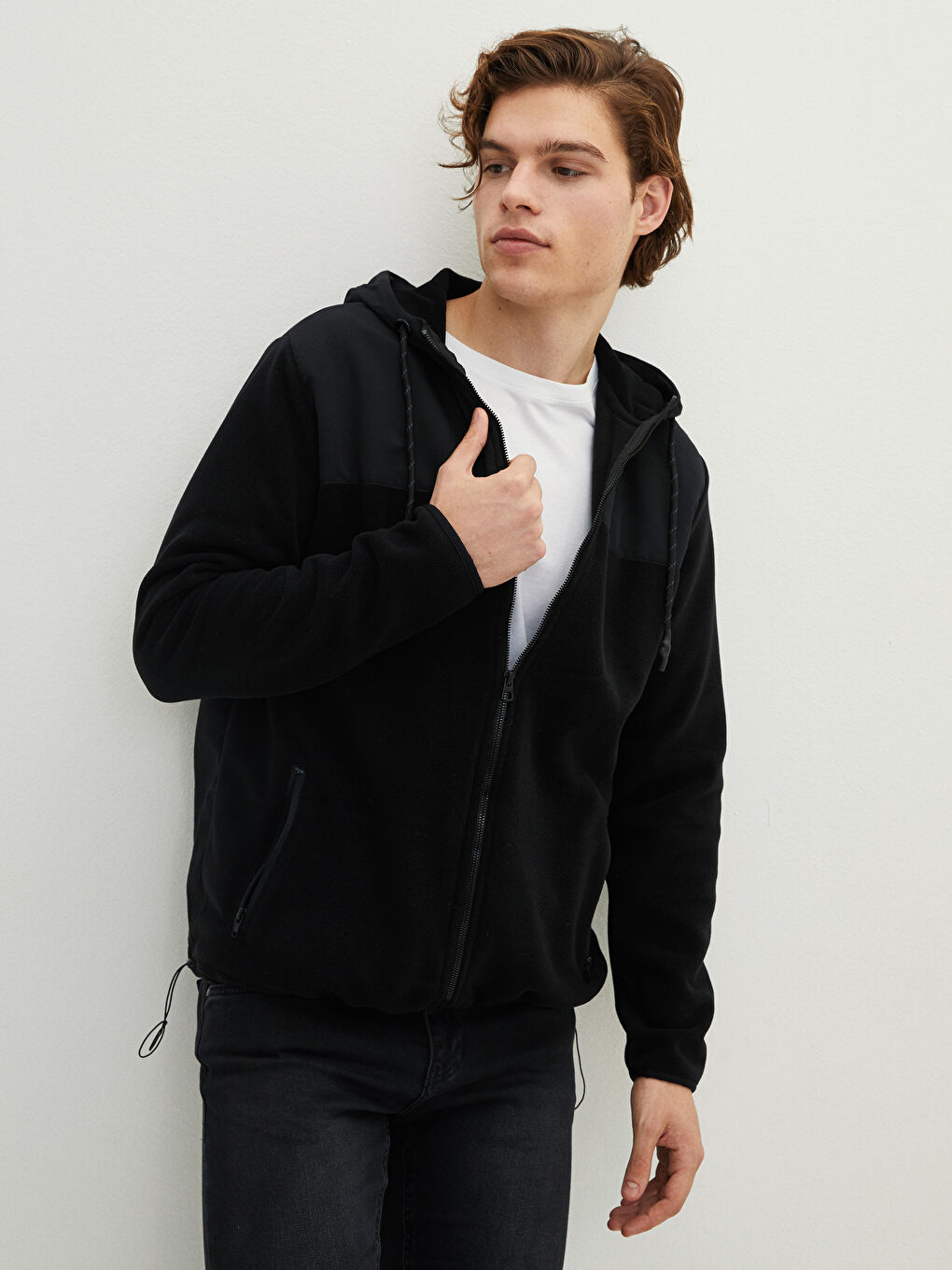 Siyah Kapüşonlu Uzun Kollu Renk Bloklu Erkek Spor Hırka