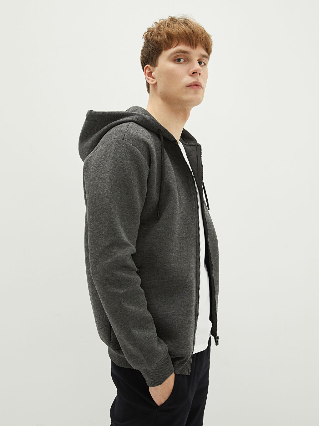 Gri Kapüşonlu Uzun Kollu Basic Erkek Hırka