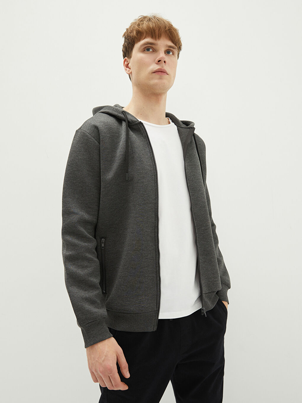 Gri Kapüşonlu Uzun Kollu Basic Erkek Hırka-1