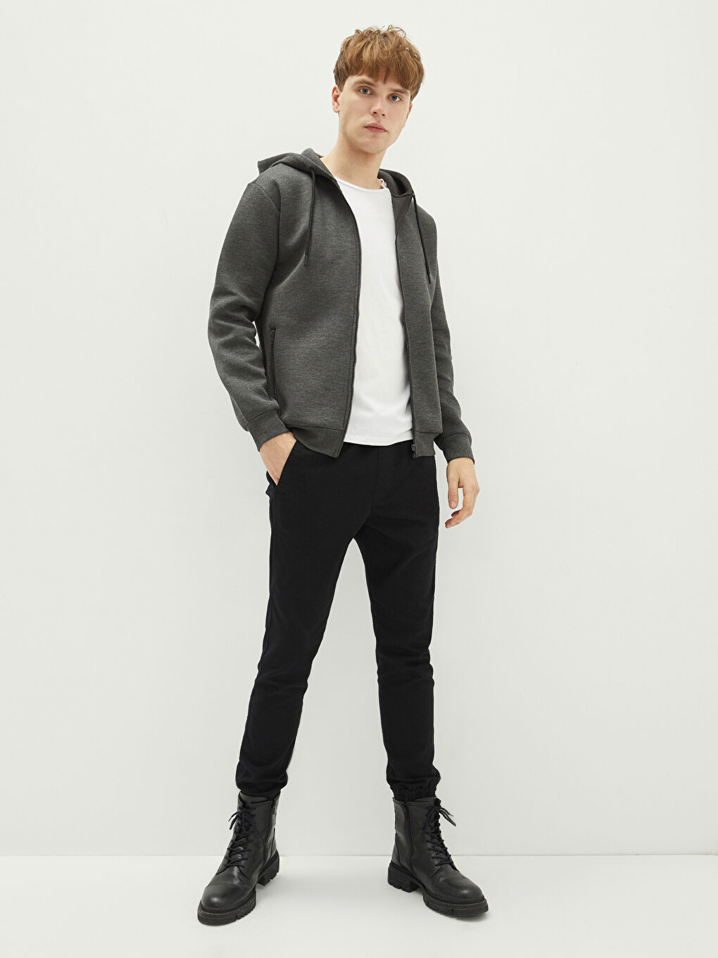 Gri Kapüşonlu Uzun Kollu Basic Erkek Hırka-2