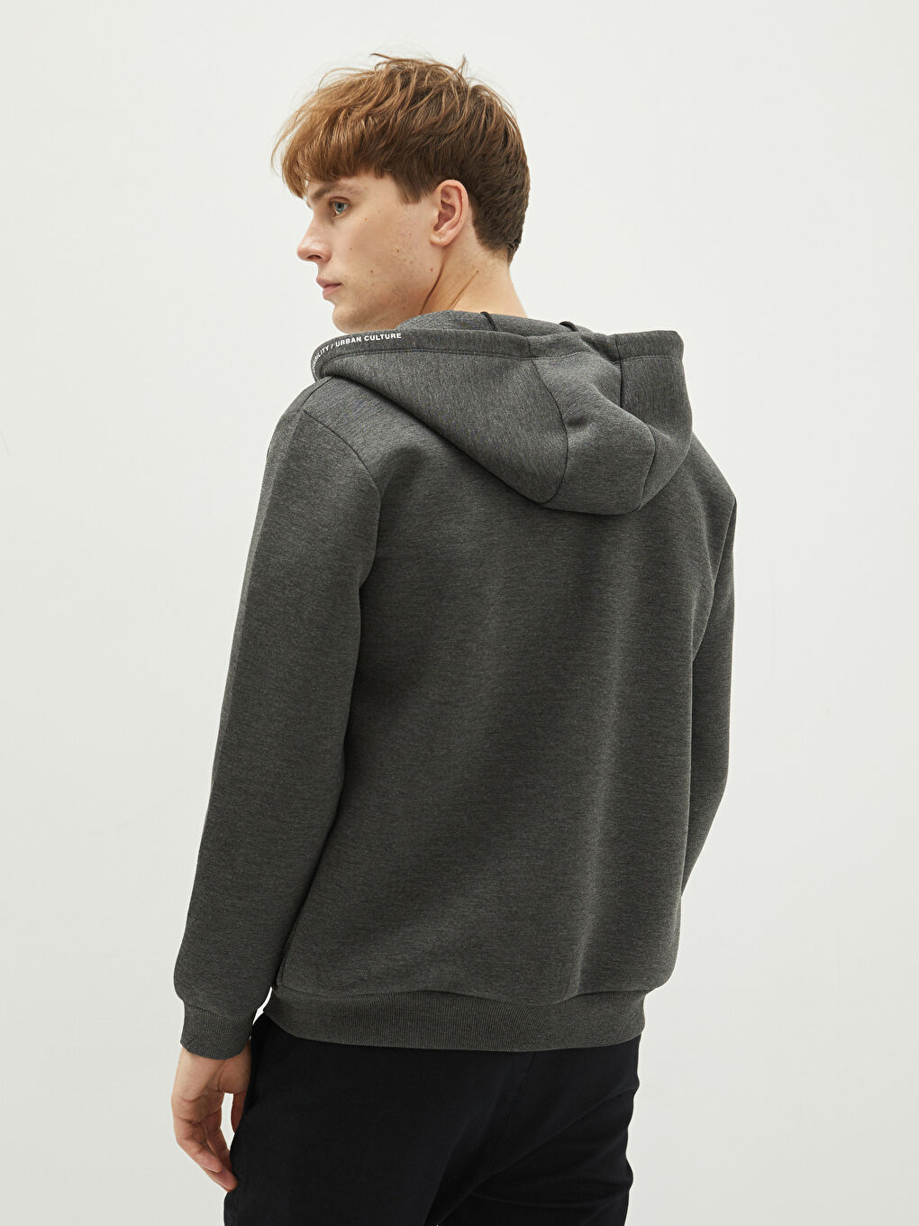 Gri Kapüşonlu Uzun Kollu Basic Erkek Hırka-5