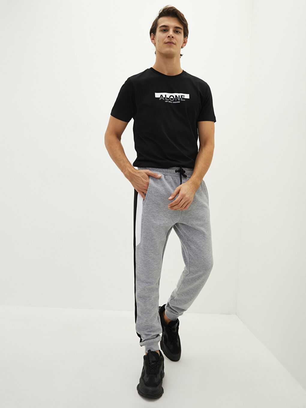 Gri Slim Fit Baskılı Kalın Erkek Kalın Eşofman Altı-1