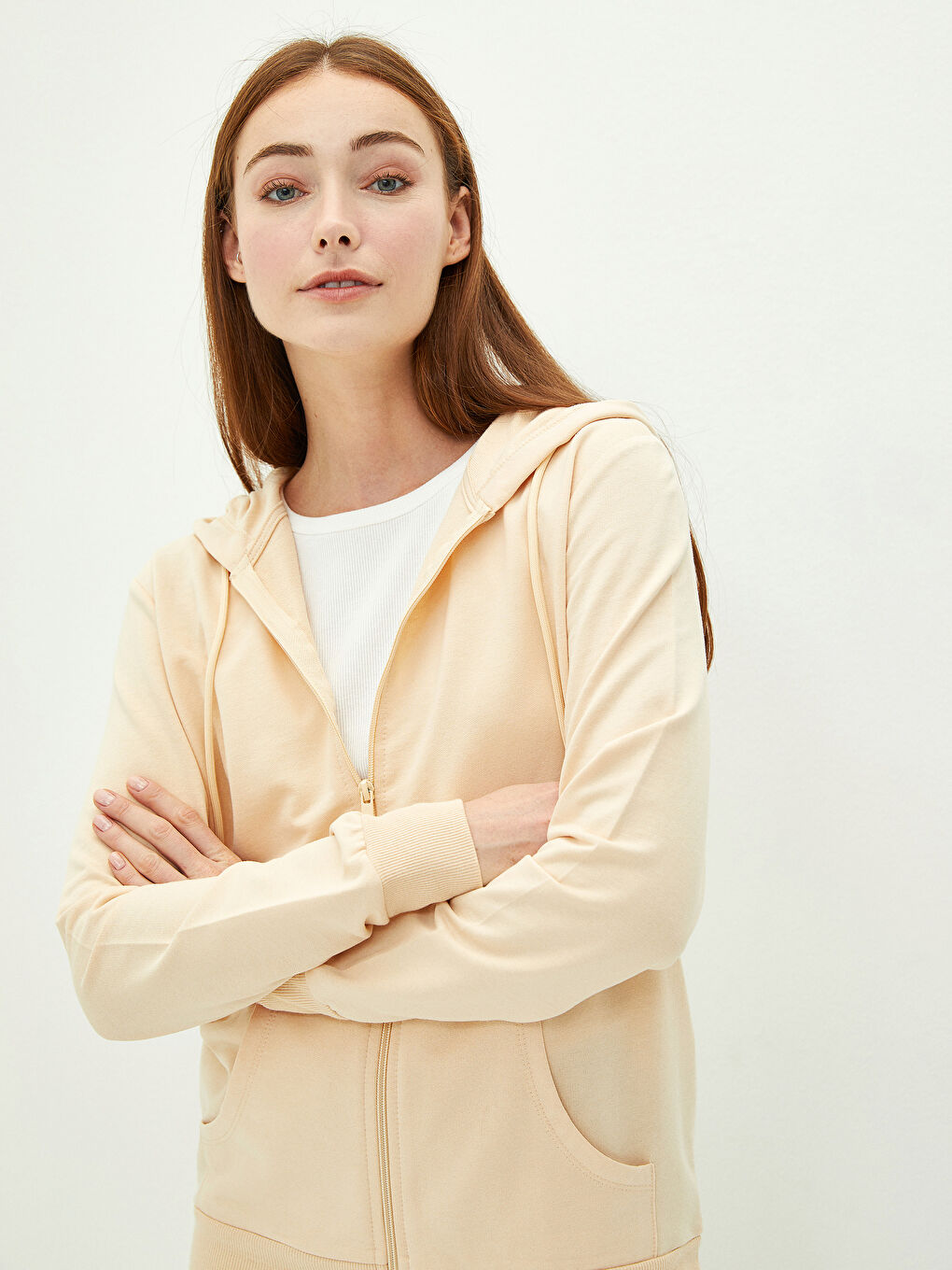 Bej Kapüşon Yaka Düz Uzun Kollu Kadın Hırka