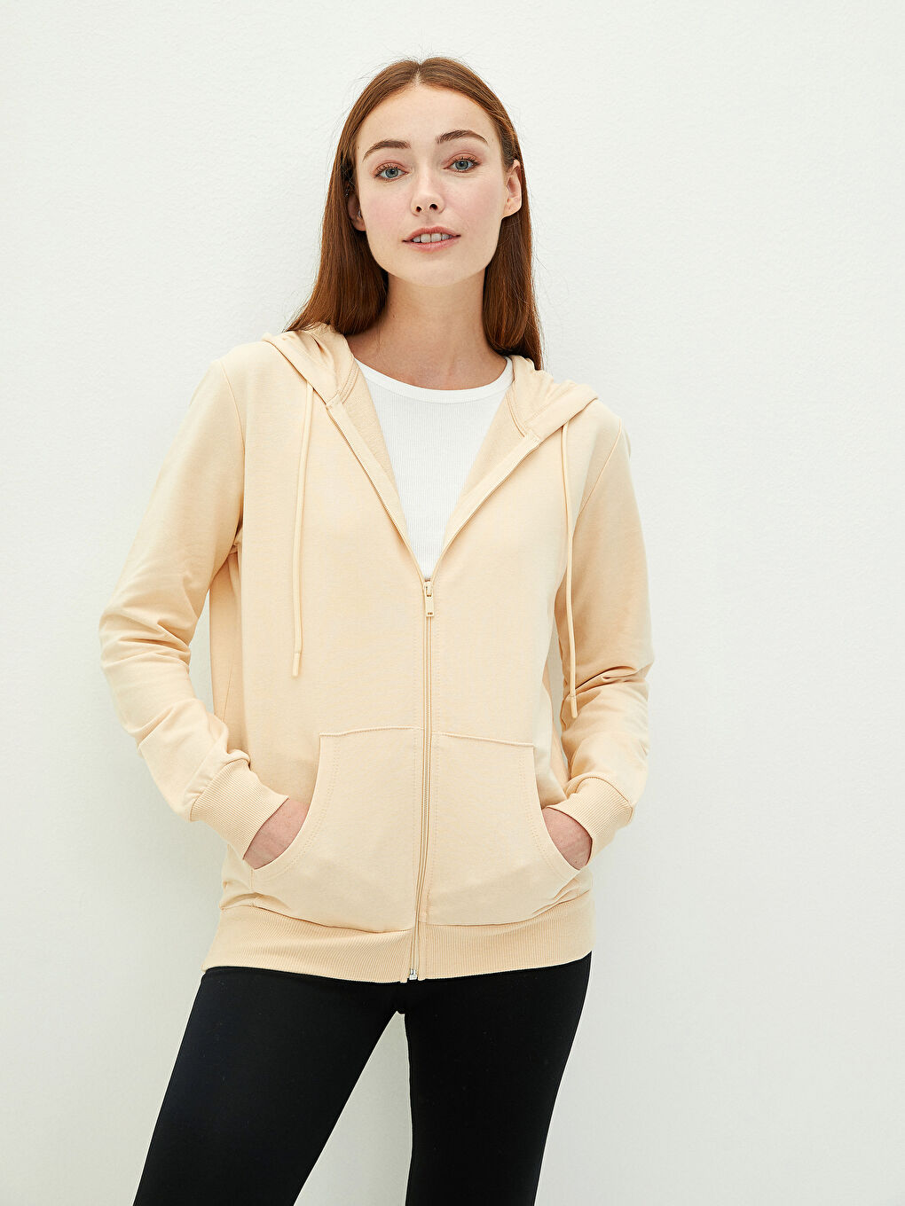 Bej Kapüşon Yaka Düz Uzun Kollu Kadın Hırka-2