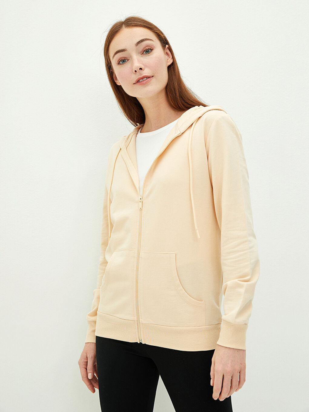 Bej Kapüşon Yaka Düz Uzun Kollu Kadın Hırka-3