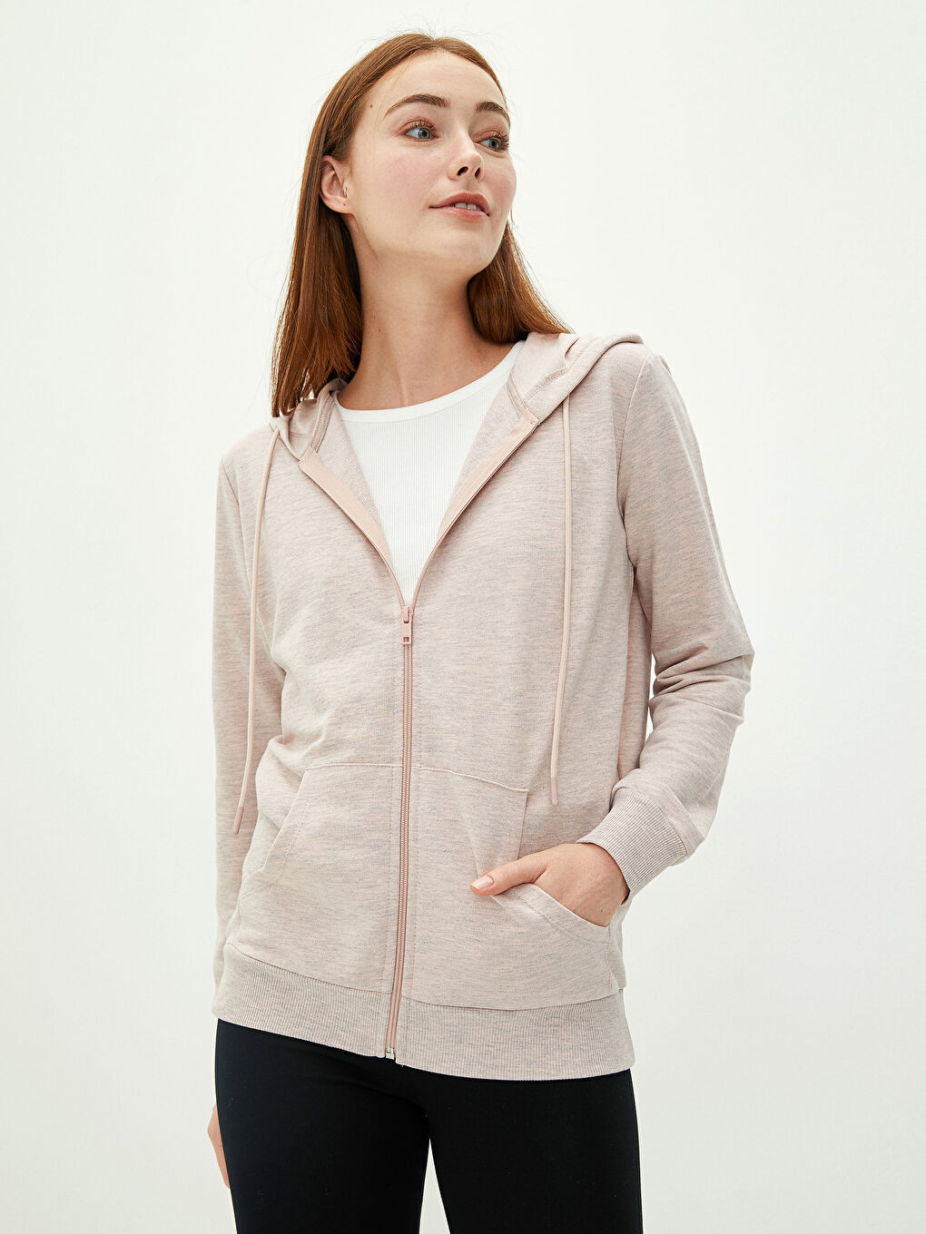 Pembe Kapüşonlu Düz Uzun Kollu Kadın Spor Hırka-1