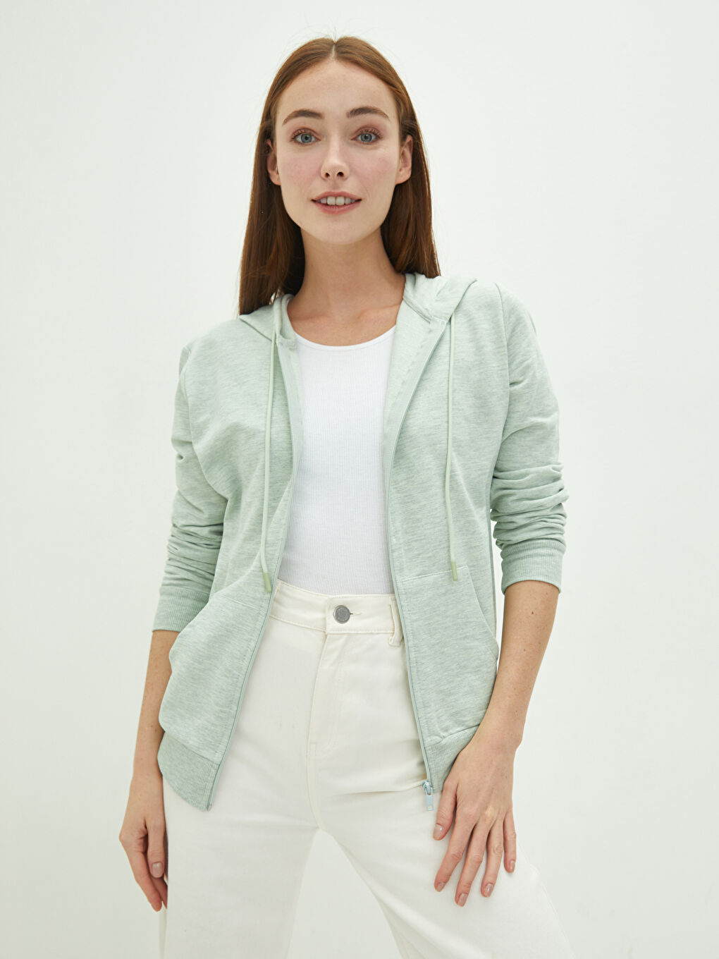 Yeşil Kapüşonlu Düz Uzun Kollu Kadın Spor Hırka