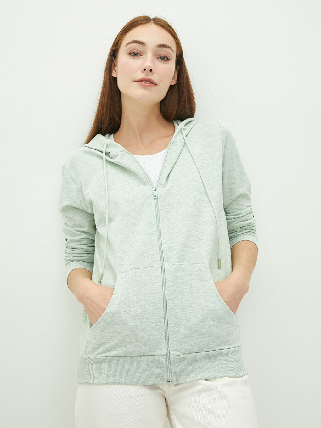 Yeşil Kapüşonlu Düz Uzun Kollu Kadın Spor Hırka-1