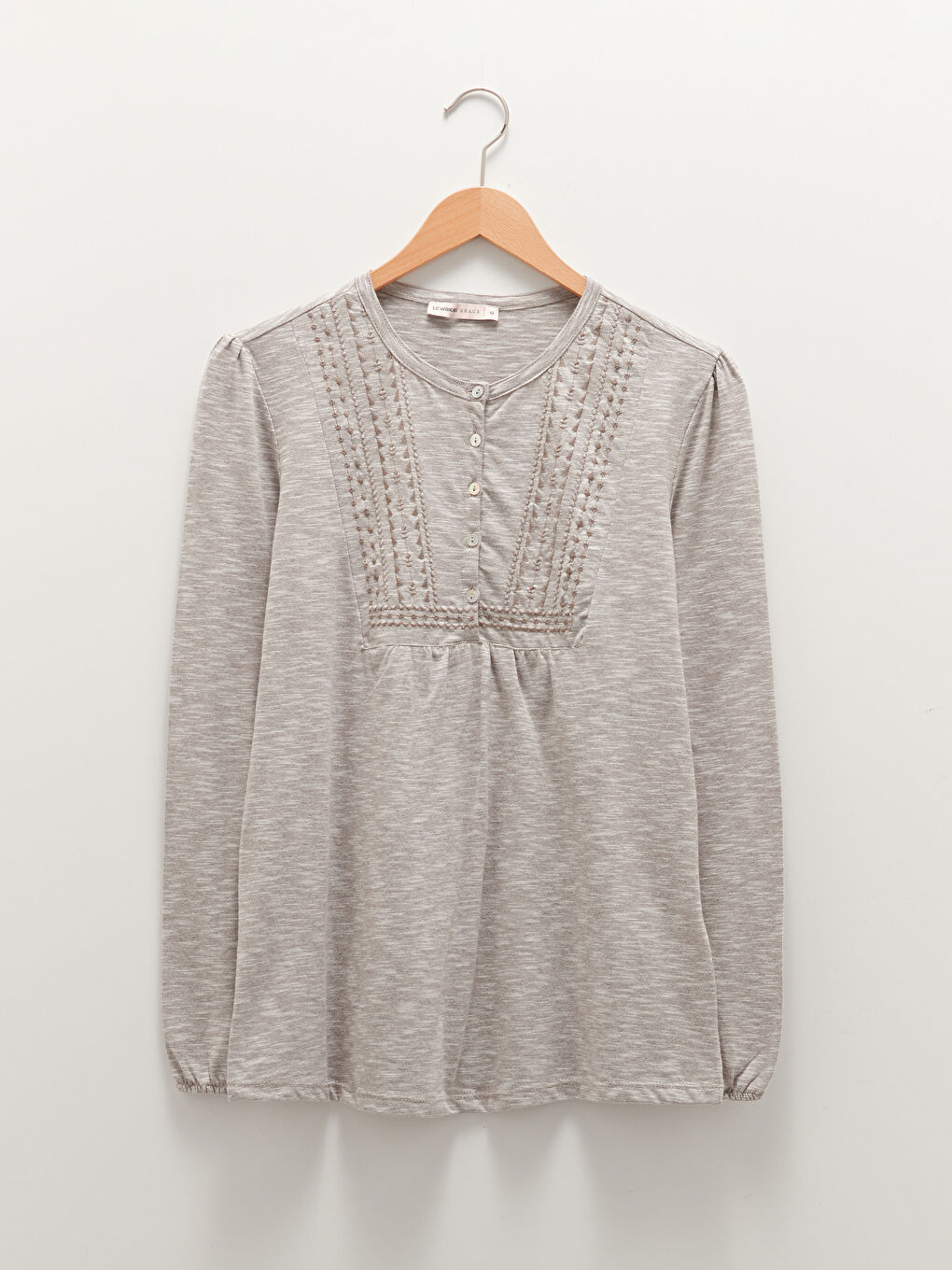 Crew Neck Embroidered Long Sleeve Women's Blouse-4