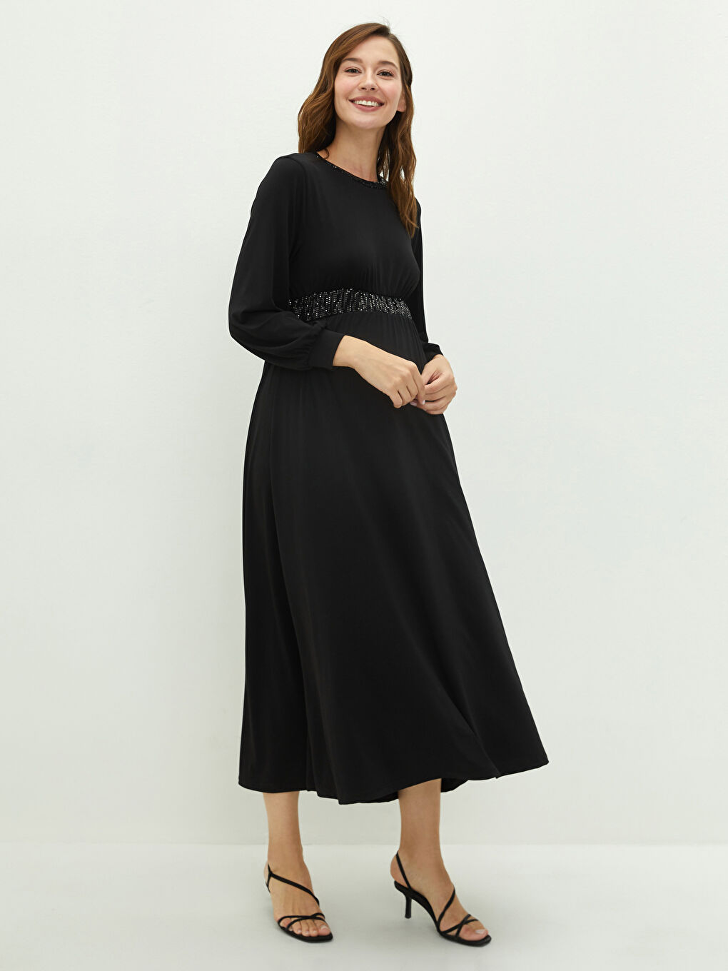 LCW Crew Neck Tie Detailed Long Sleeve Maternity Dress -W1DF69Z8-CVL