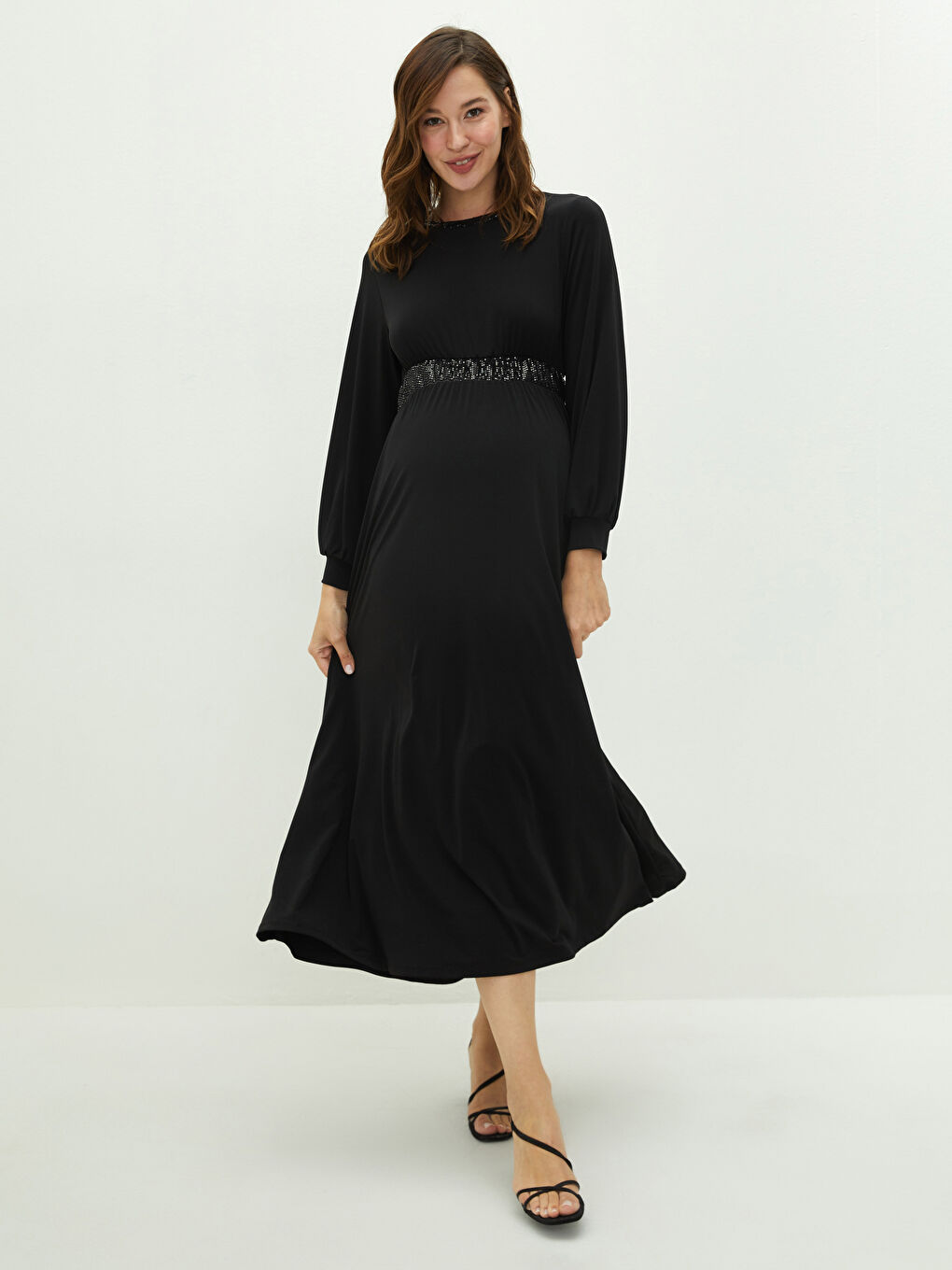LCW Crew Neck Tie Detailed Long Sleeve Maternity Dress -W1DF69Z8-CVL