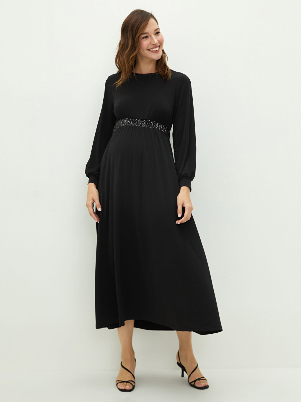 LCW Crew Neck Tie Detailed Long Sleeve Maternity Dress -W1DF69Z8-CVL