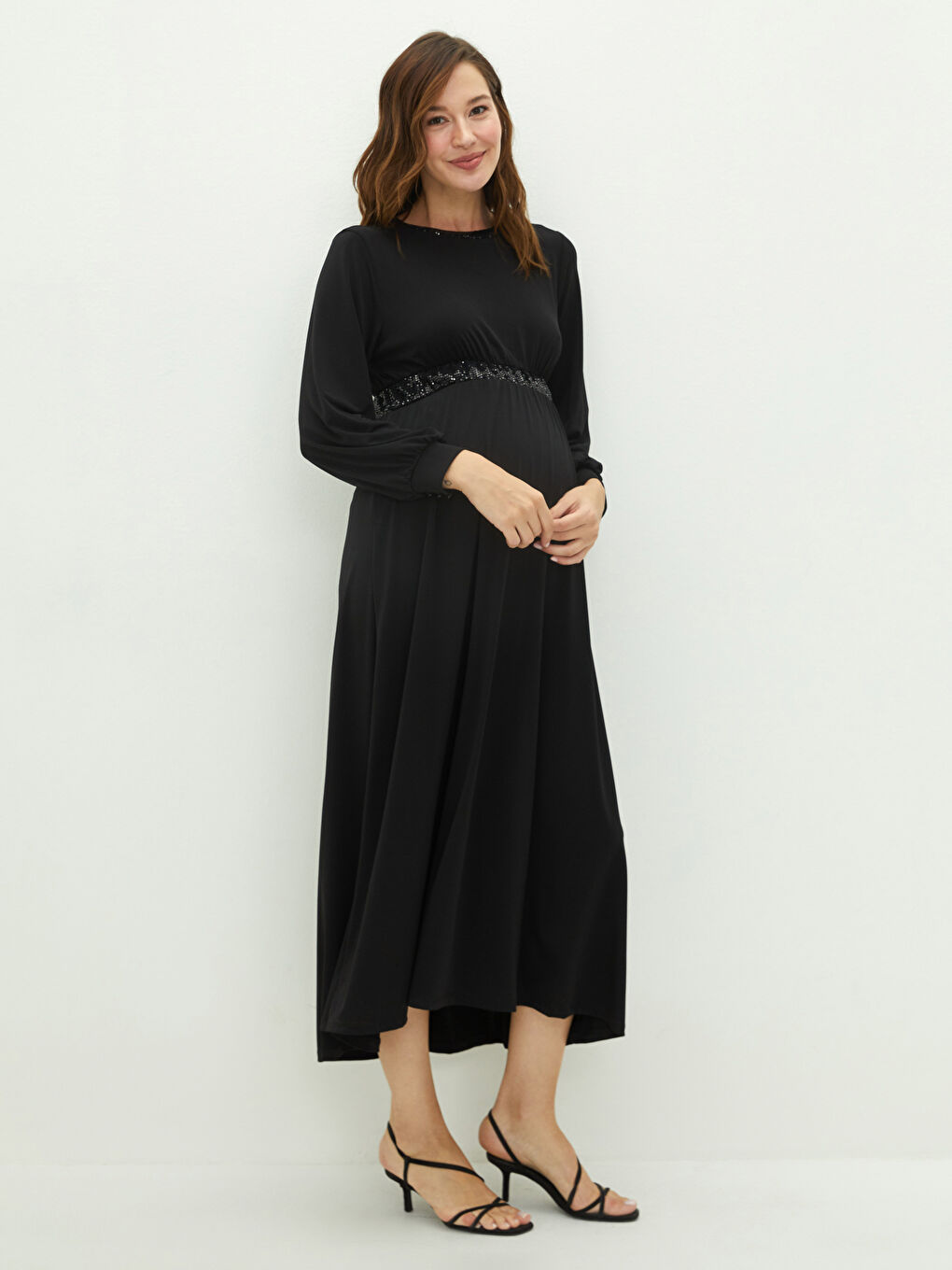 LCW Crew Neck Tie Detailed Long Sleeve Maternity Dress -W1DF69Z8-CVL
