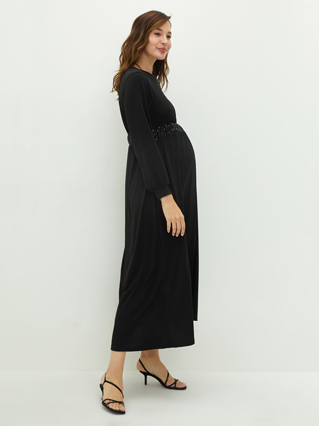 LCW Crew Neck Tie Detailed Long Sleeve Maternity Dress -W1DF69Z8-CVL