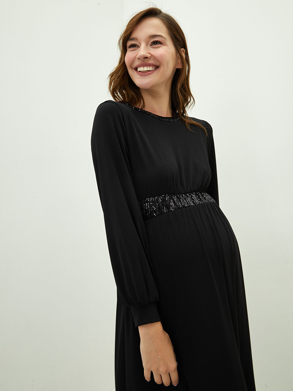 LCW Crew Neck Tie Detailed Long Sleeve Maternity Dress -W1DF69Z8-CVL