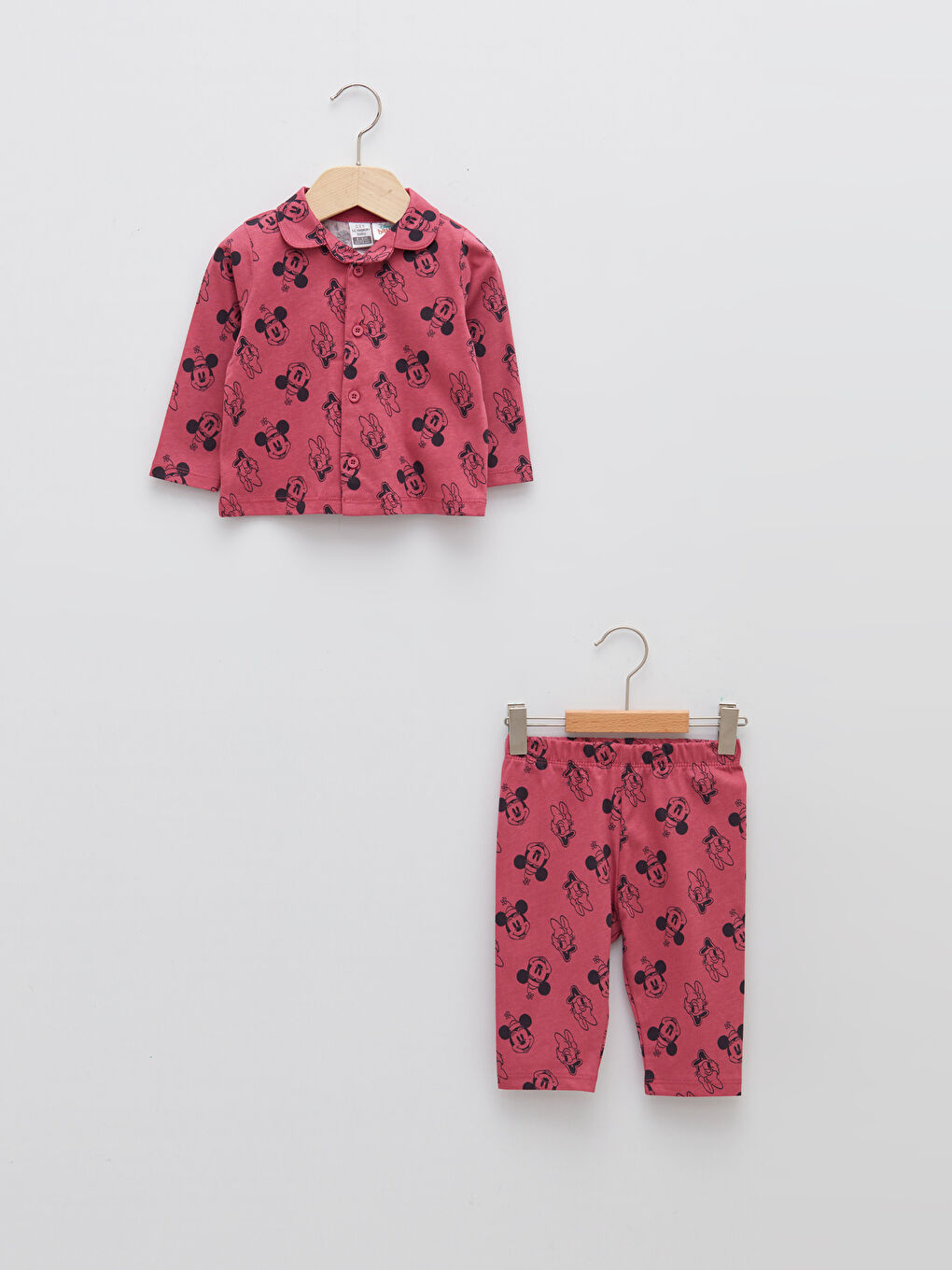 Pembe Polo Yaka Mickey Mouse Baskılı Uzun Kollu Kız Bebek Pijama Takımı