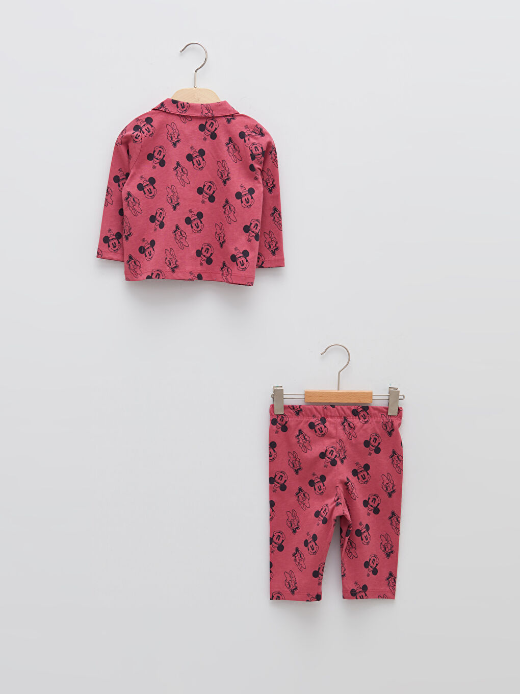 Pembe Polo Yaka Mickey Mouse Baskılı Uzun Kollu Kız Bebek Pijama Takımı-1