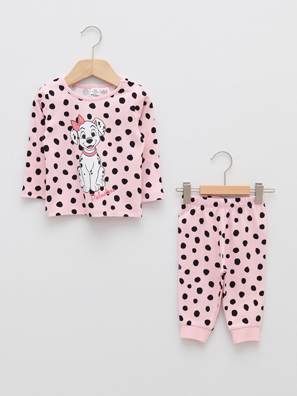 LCW baby Pembe Bisiklet Yaka Uzun Kollu 101 Dalmaçyalı Baskılı Kız Bebek Pijama Takım