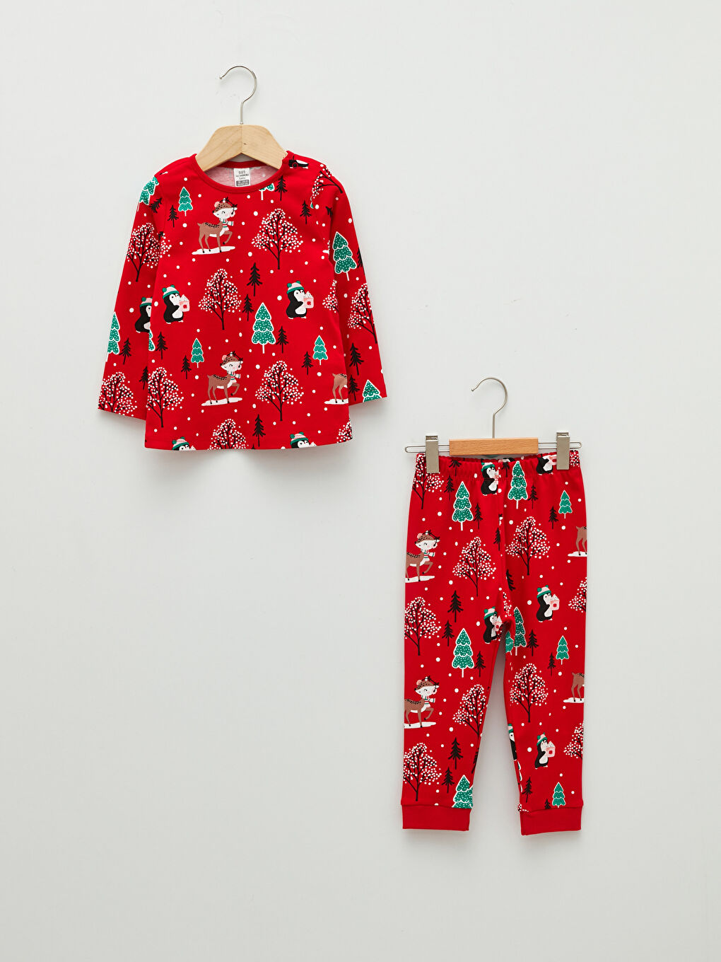 Kırmızı Bisiklet Yaka Uzun Kollu Yılbaşı Temalı Pamuklu Kız Bebek Pijama Takımı