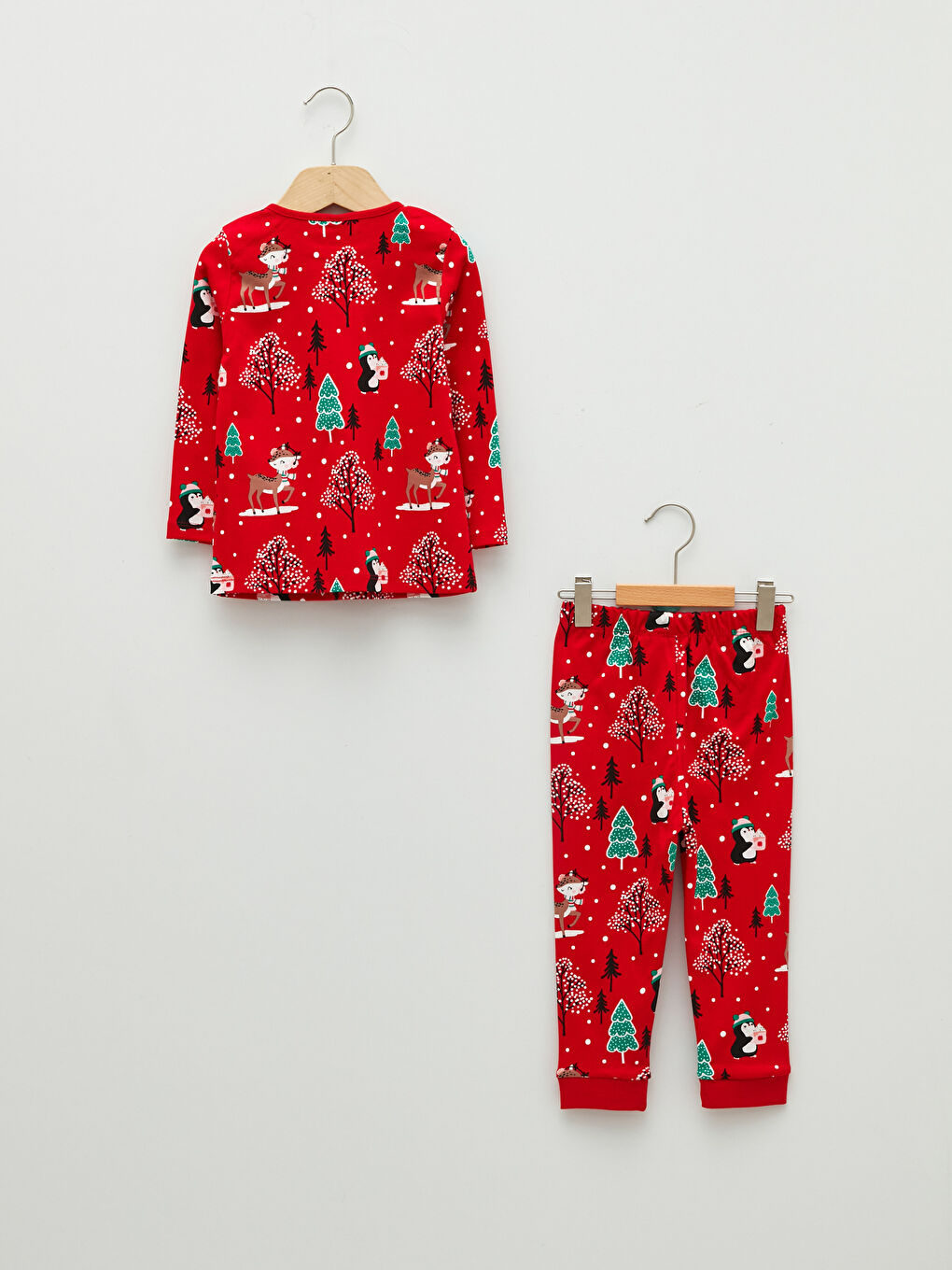 Kırmızı Bisiklet Yaka Uzun Kollu Yılbaşı Temalı Pamuklu Kız Bebek Pijama Takımı-1