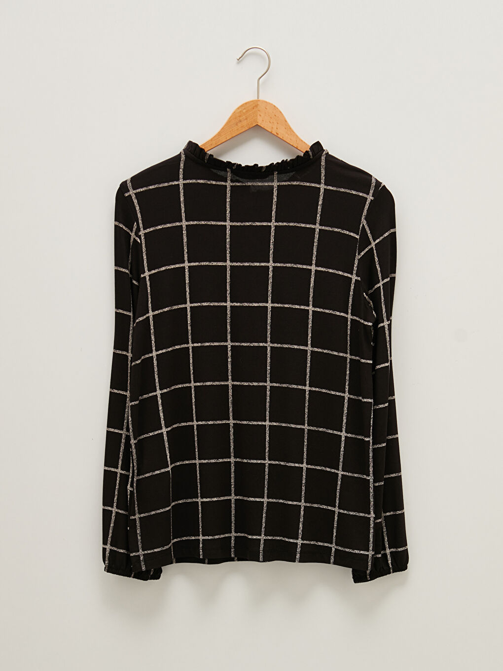 Ruffle Collar Plaid Long Sleeve Viscose Women's T-Shirt-5