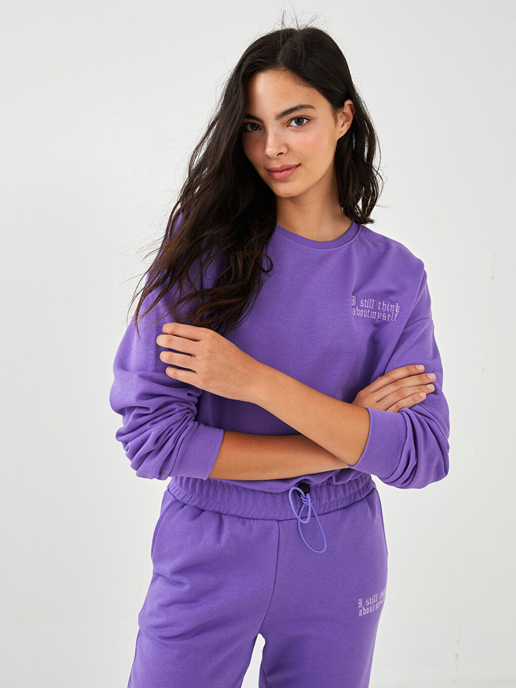 Crew Neck Printed Long Sleeve Crop Women's Sweatshirt-2