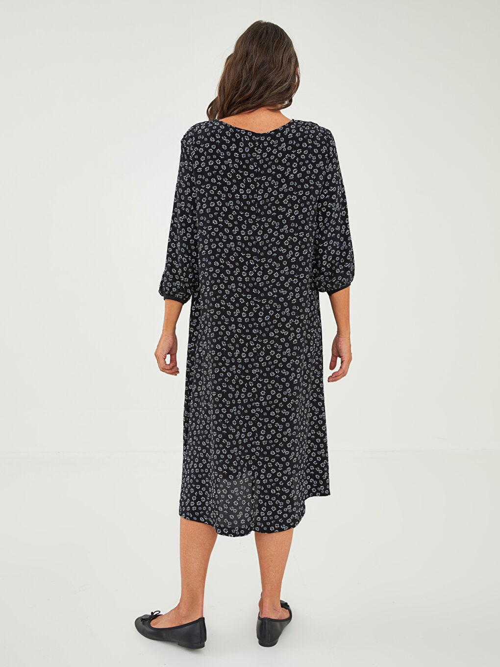 Siyah Bisiklet Yaka Çiçekli Uzun Kollu Maroken Kadın Elbise-3