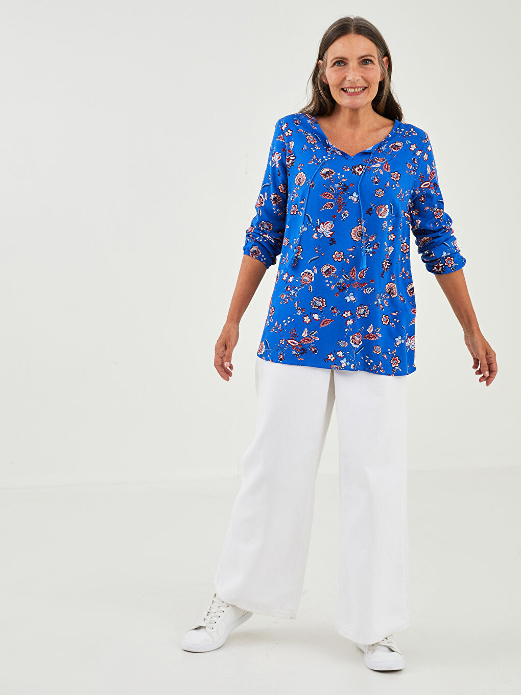 İndigo Bağlamalı Yaka Çiçekli Uzun Kollu Viskon Kadın Bluz-2