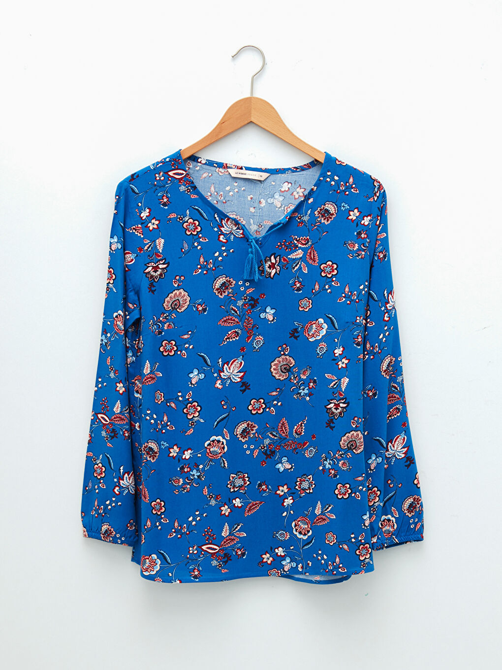 İndigo Bağlamalı Yaka Çiçekli Uzun Kollu Viskon Kadın Bluz-5