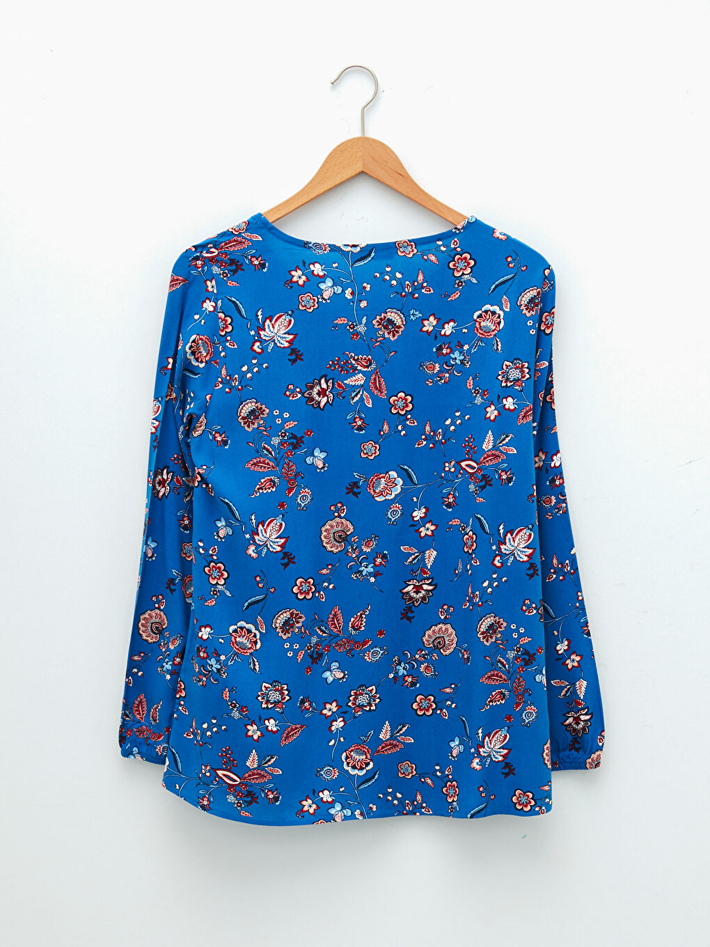 İndigo Bağlamalı Yaka Çiçekli Uzun Kollu Viskon Kadın Bluz-6